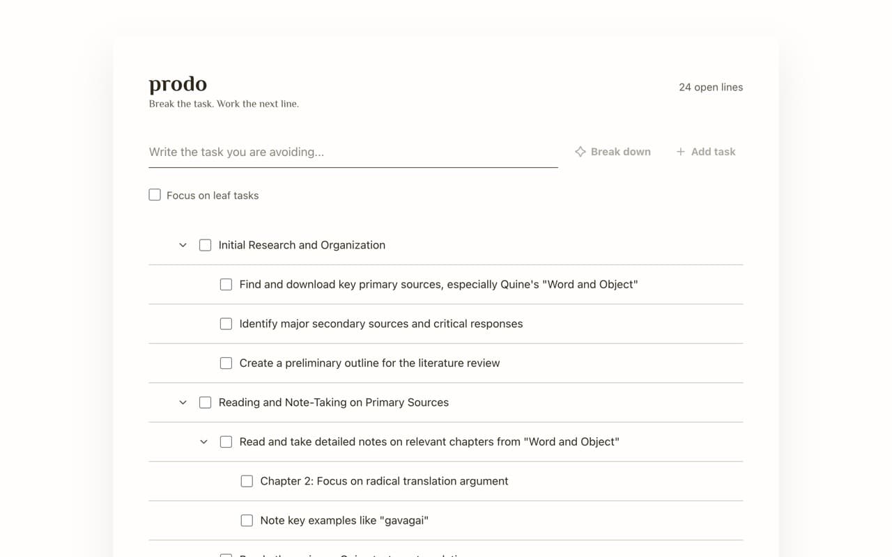 A task broken into a nested tree of subtasks, each line with its own checkbox and collapse control.